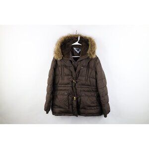 Vtg Y2K Babydoll Tommy Hilfiger Womens Large Faux Fur Duck Down Puffer Jacket